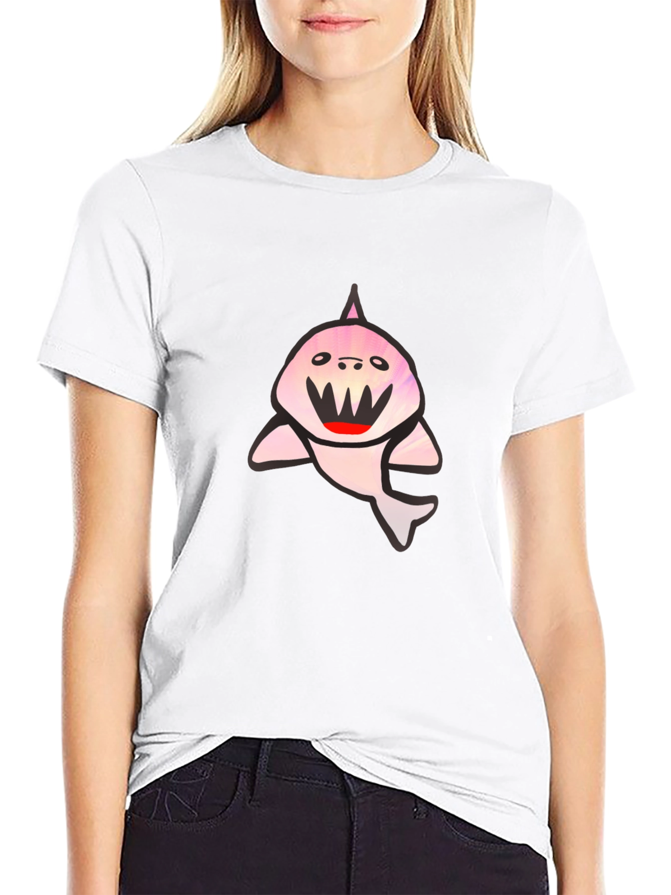 Black T-Shirt with Cute Shark Graphic