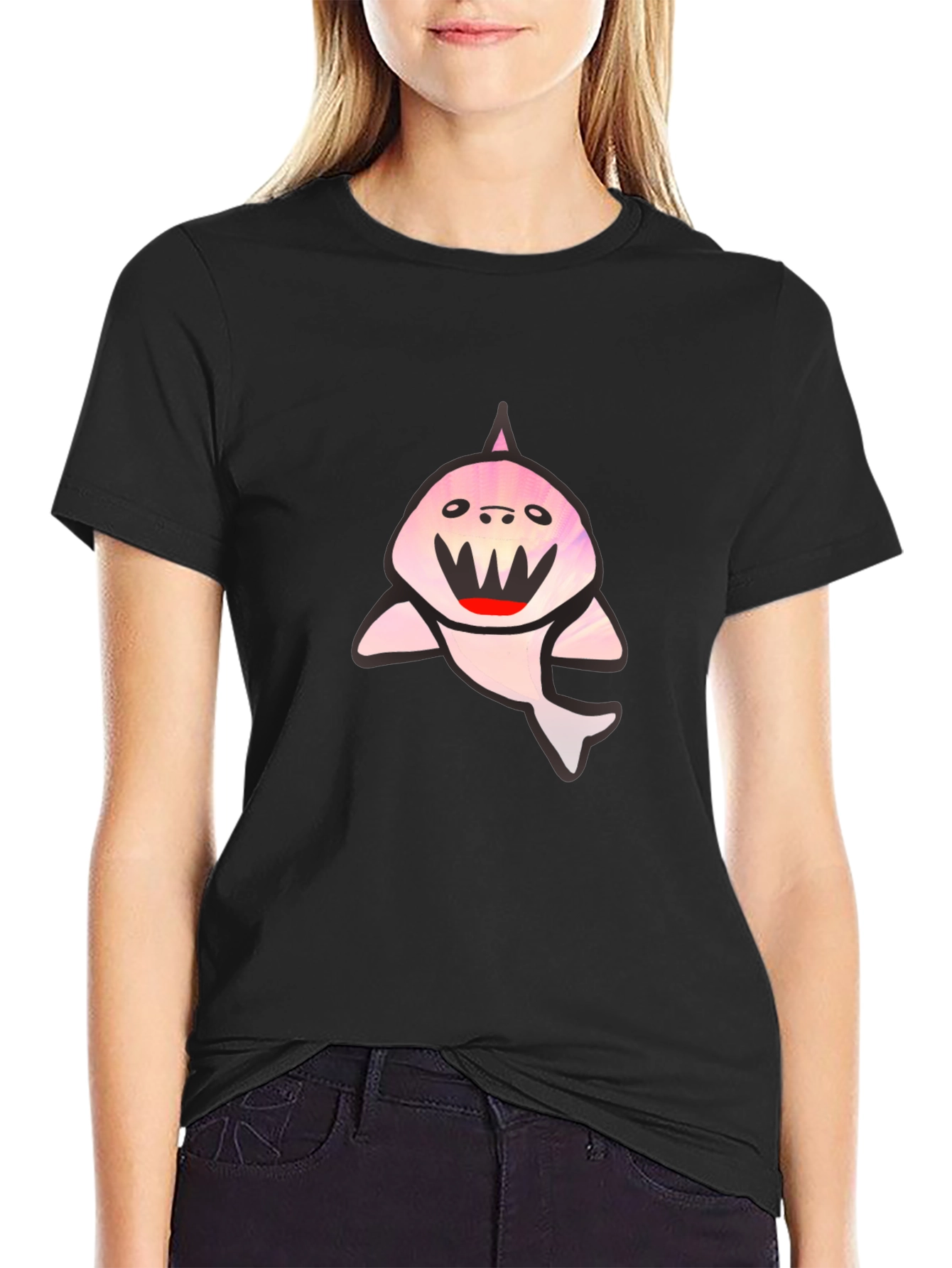 Black T-Shirt with Cute Shark Graphic