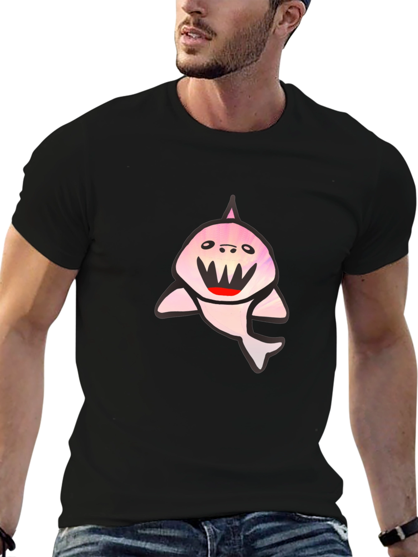 Black T-Shirt with Cute Shark Graphic