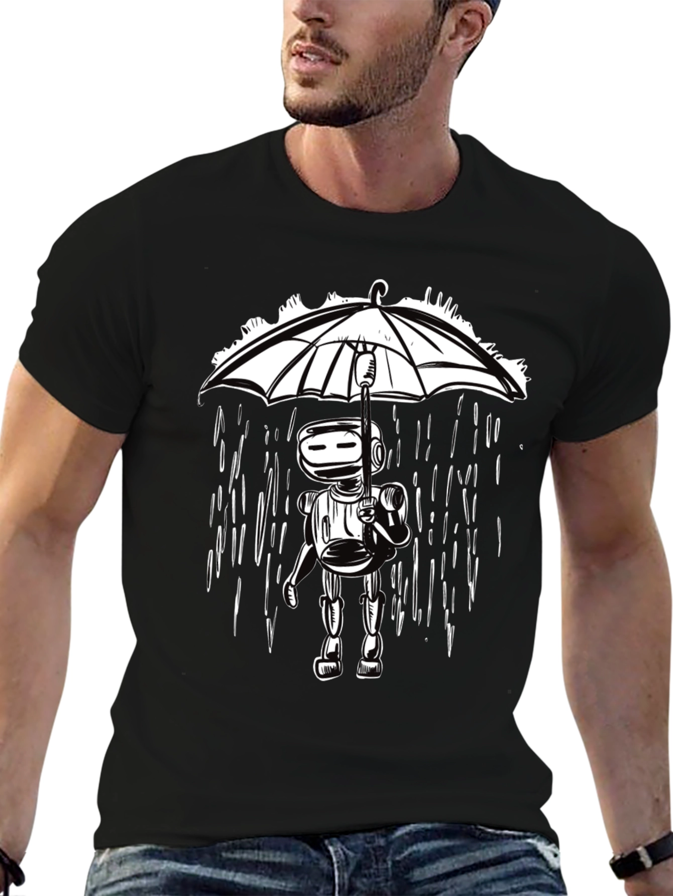 Robot Under Umbrella Graphic Tee