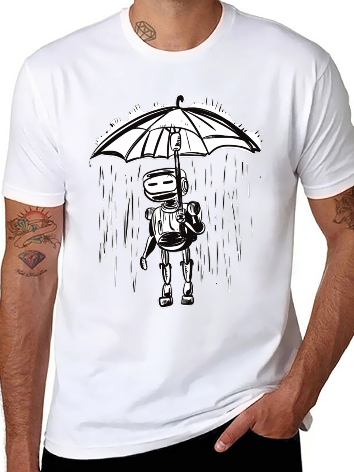 Robot Under Umbrella Graphic Tee