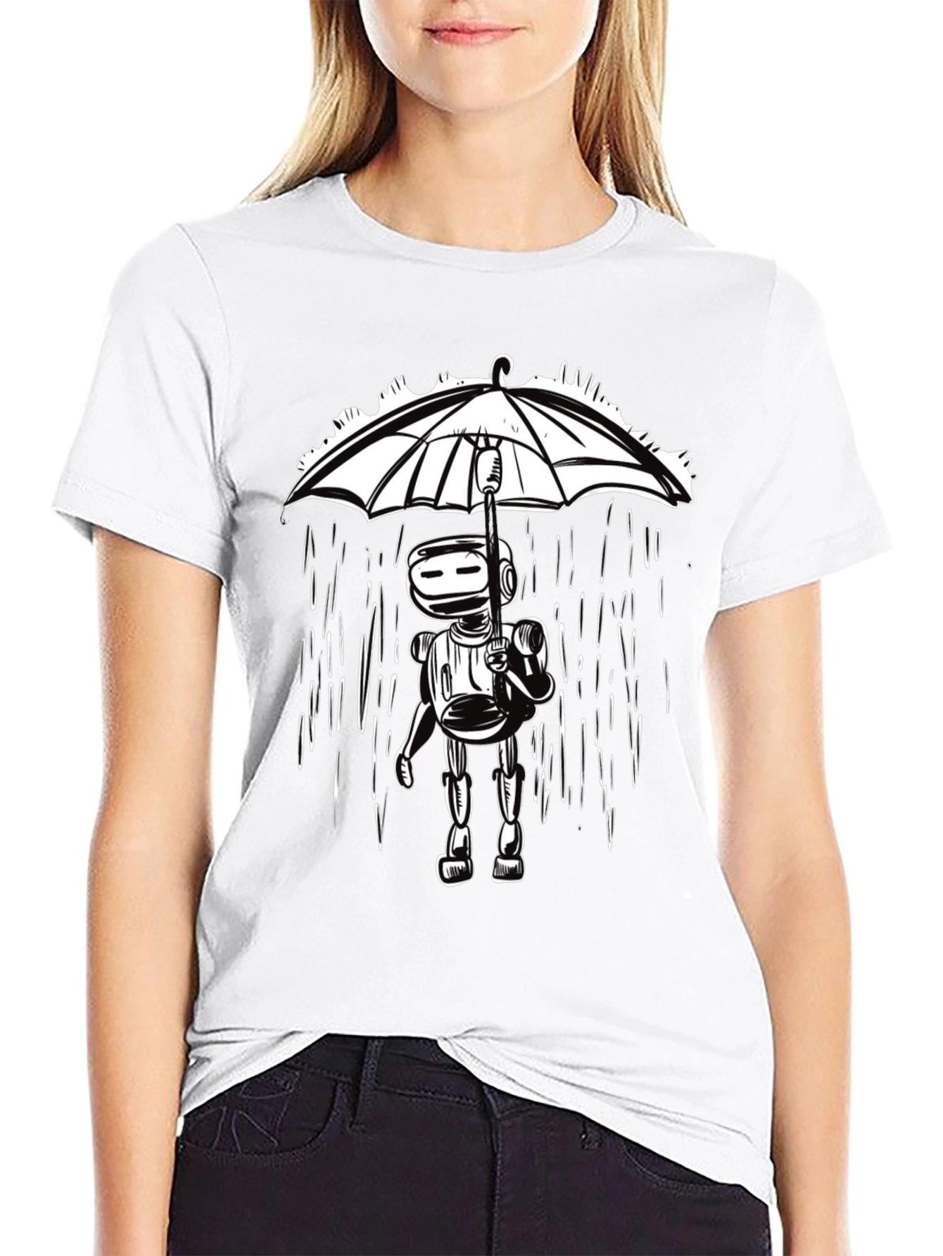 Robot Under Umbrella Graphic Tee