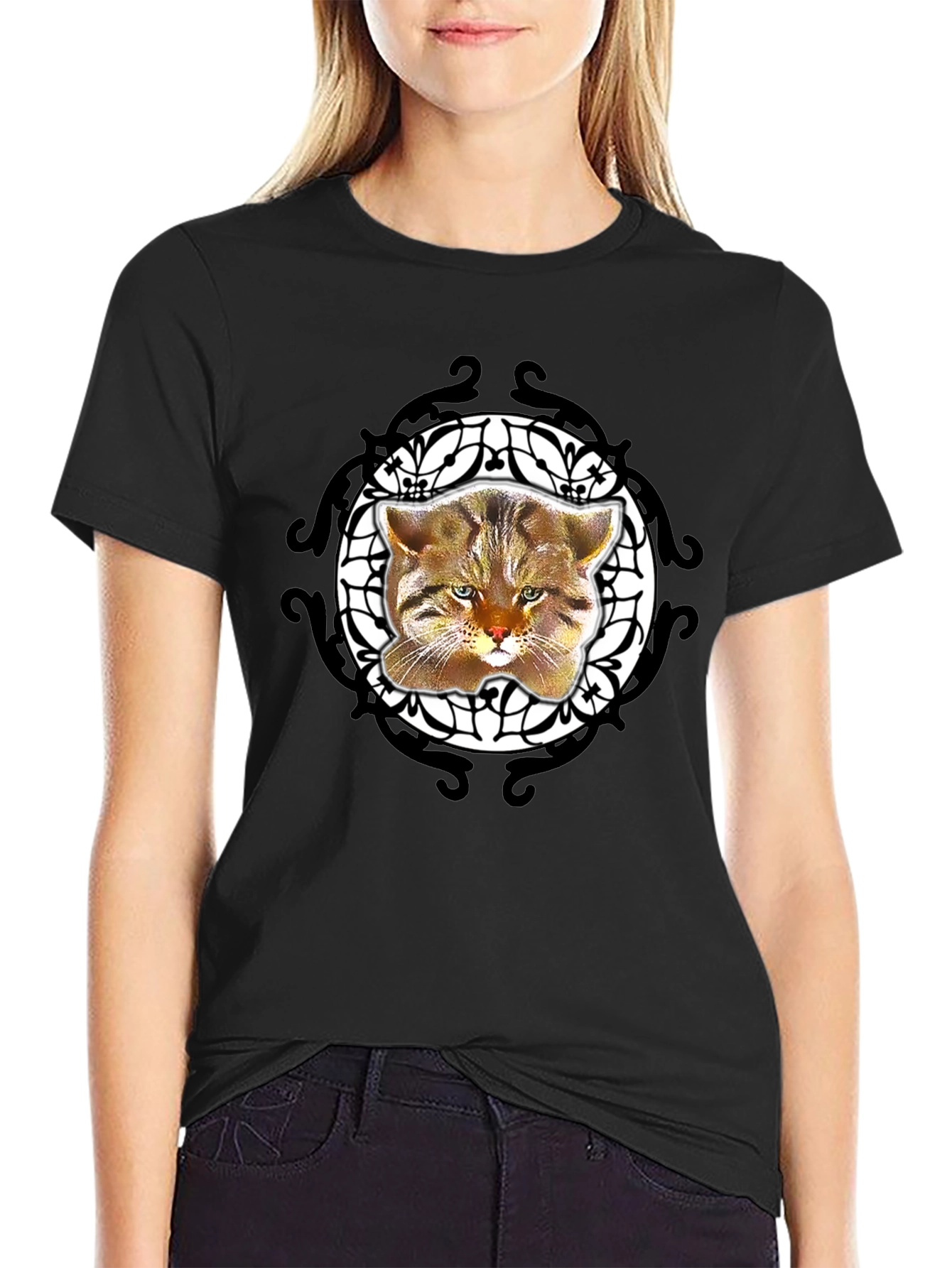 Cool Cat Graphic Tee - Black Crew Neck