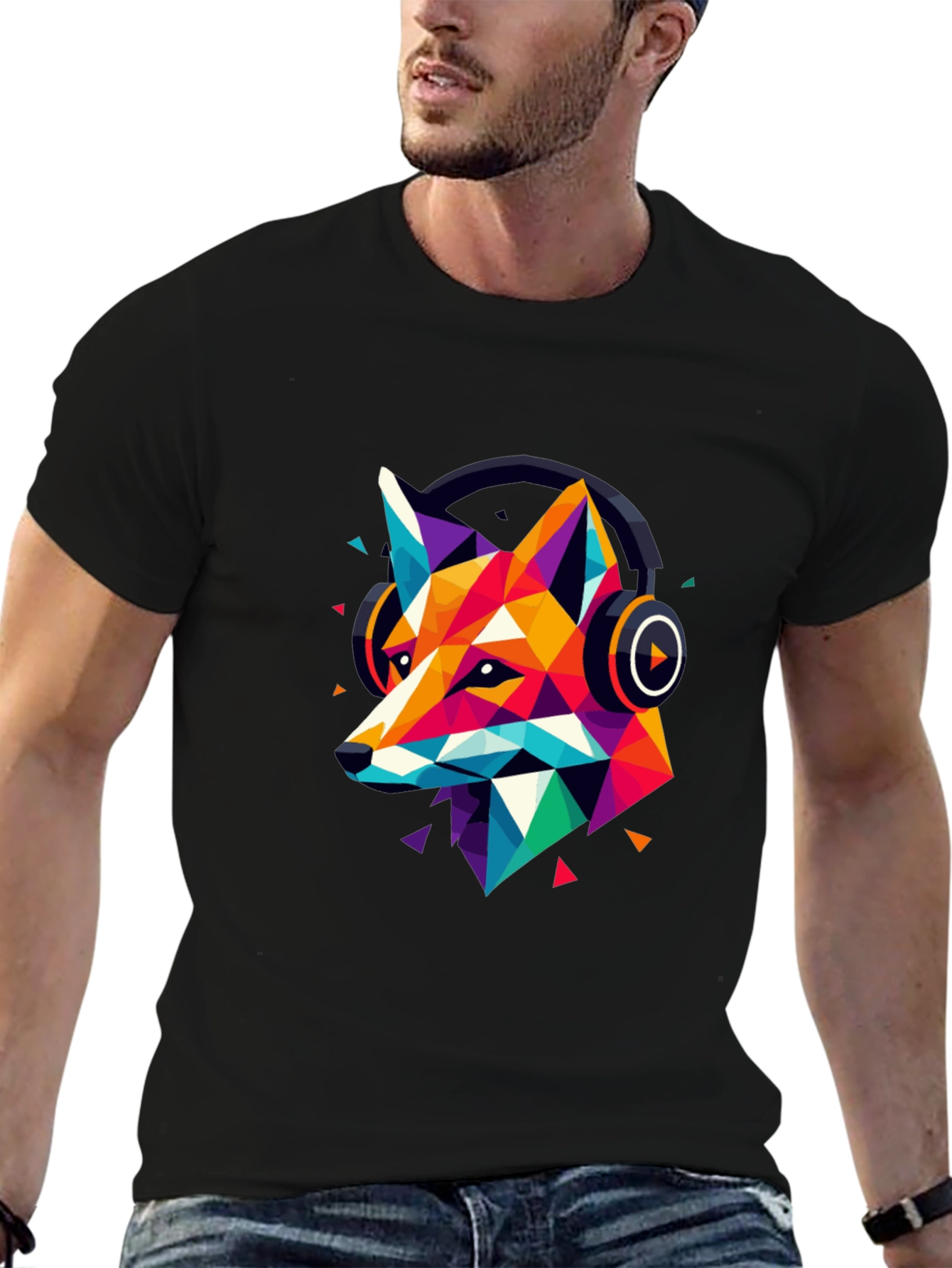 Geometric Fox Headphone Graphic T-Shirt