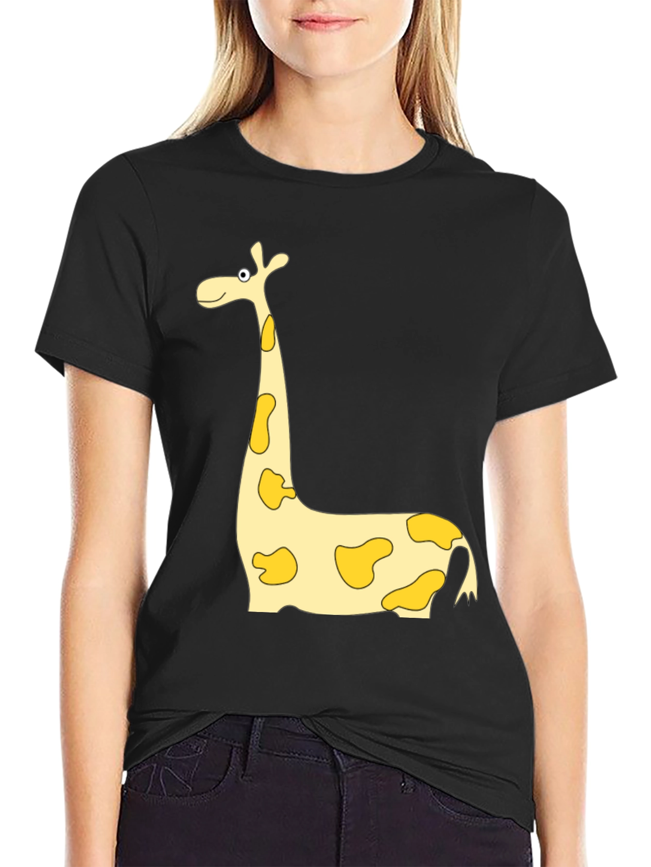 Giraffe Cartoon Print Black Tee