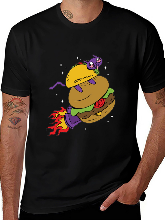 Space Foodie T-Shirt: Burger & Taco Rocket with Alien Cat