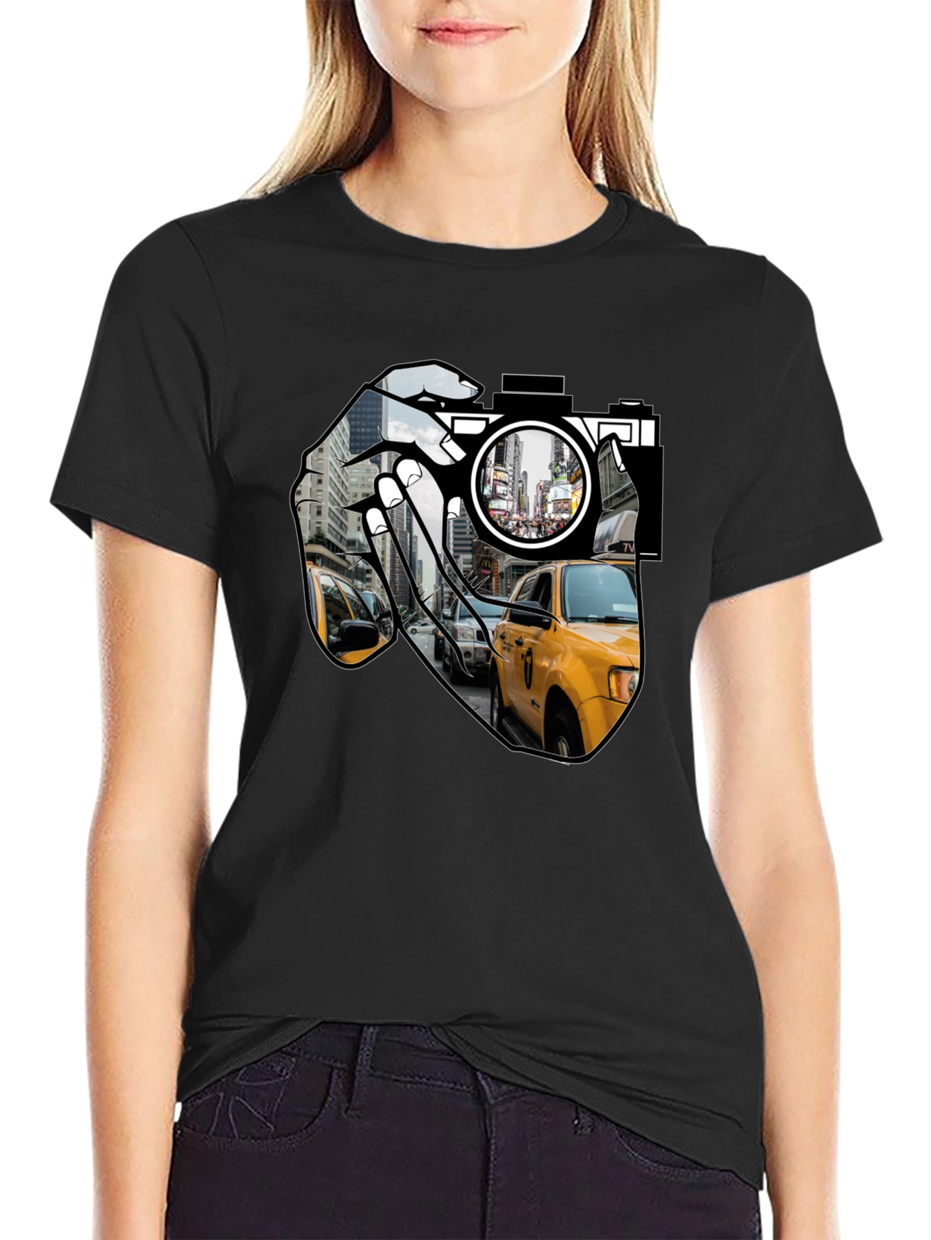NYC Taxi Camera Black T-Shirt