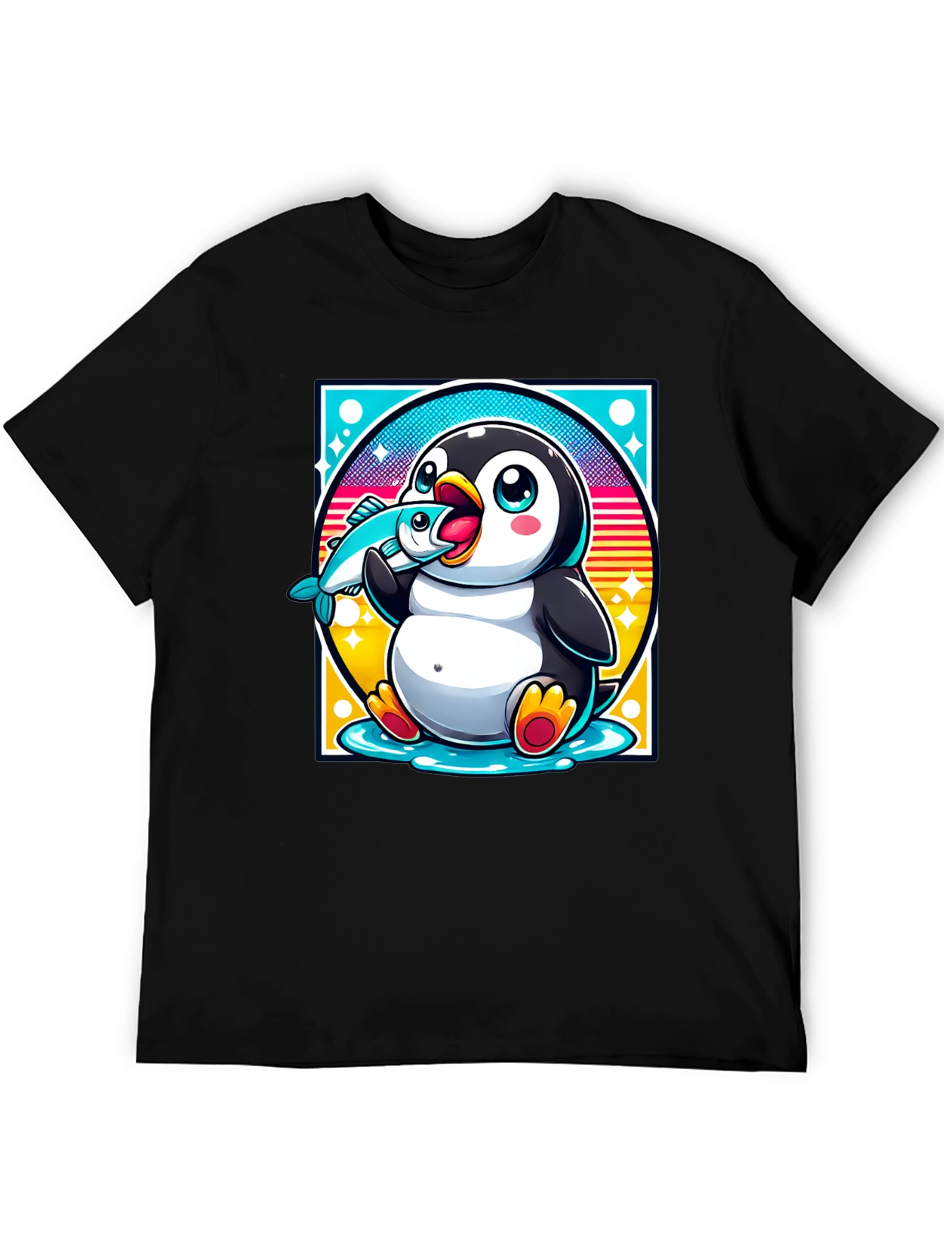 Penguin Eating Fish Graphic T-Shirt