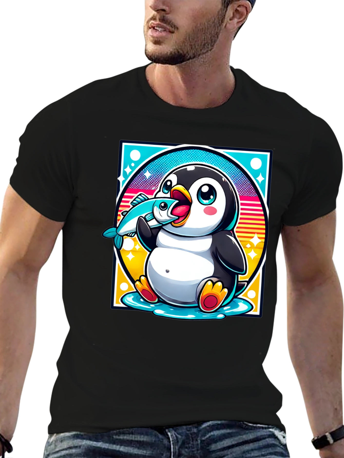 Penguin Eating Fish Graphic T-Shirt