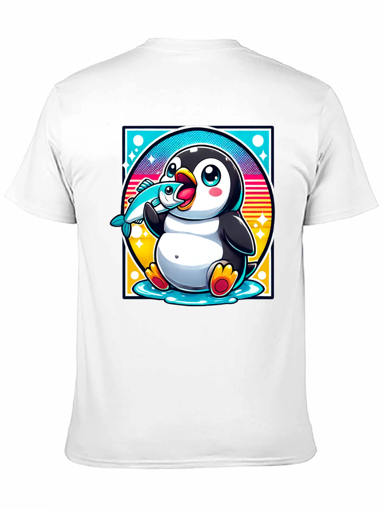 Penguin Eating Fish Graphic T-Shirt