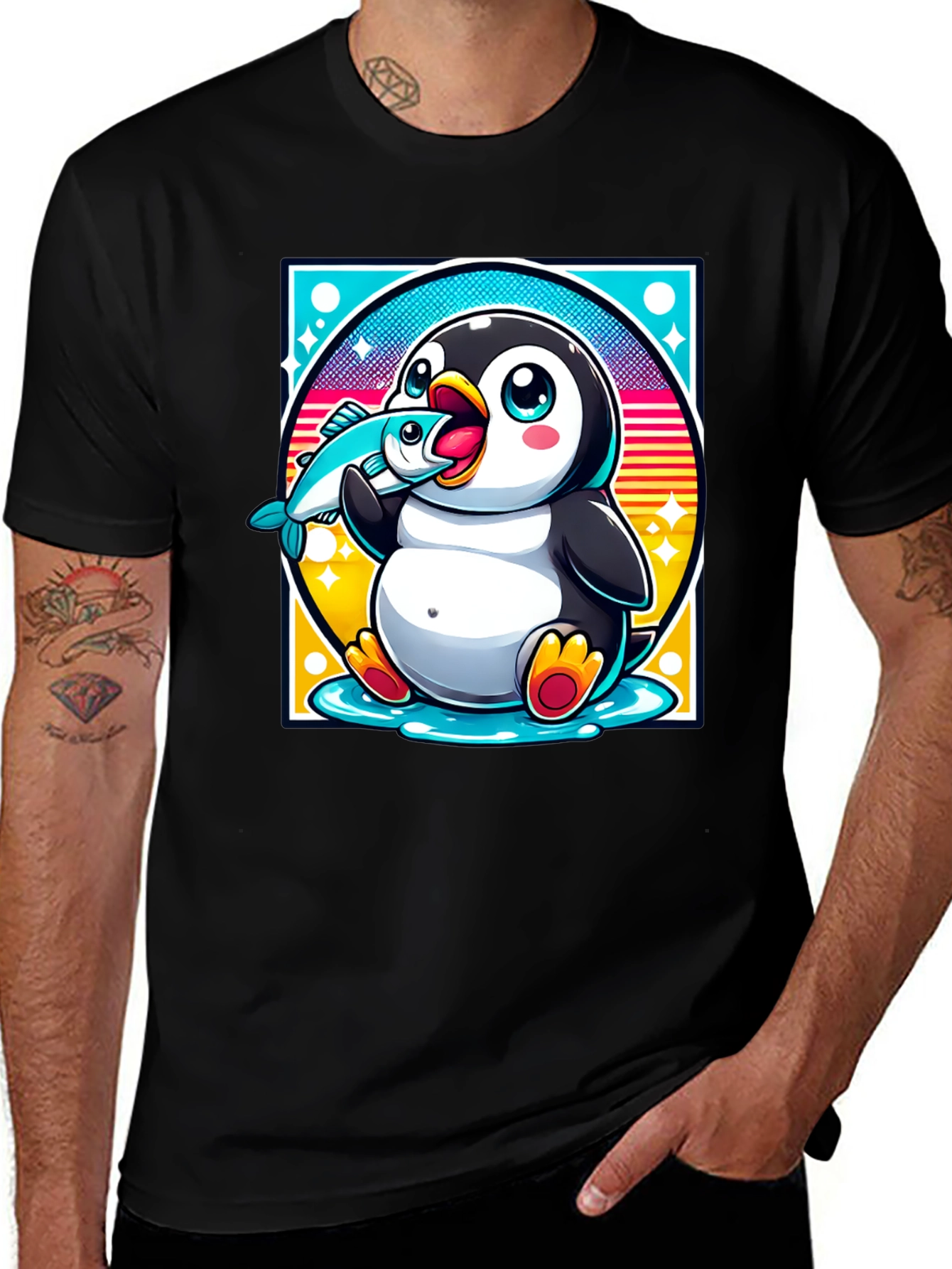 Penguin Eating Fish Graphic T-Shirt