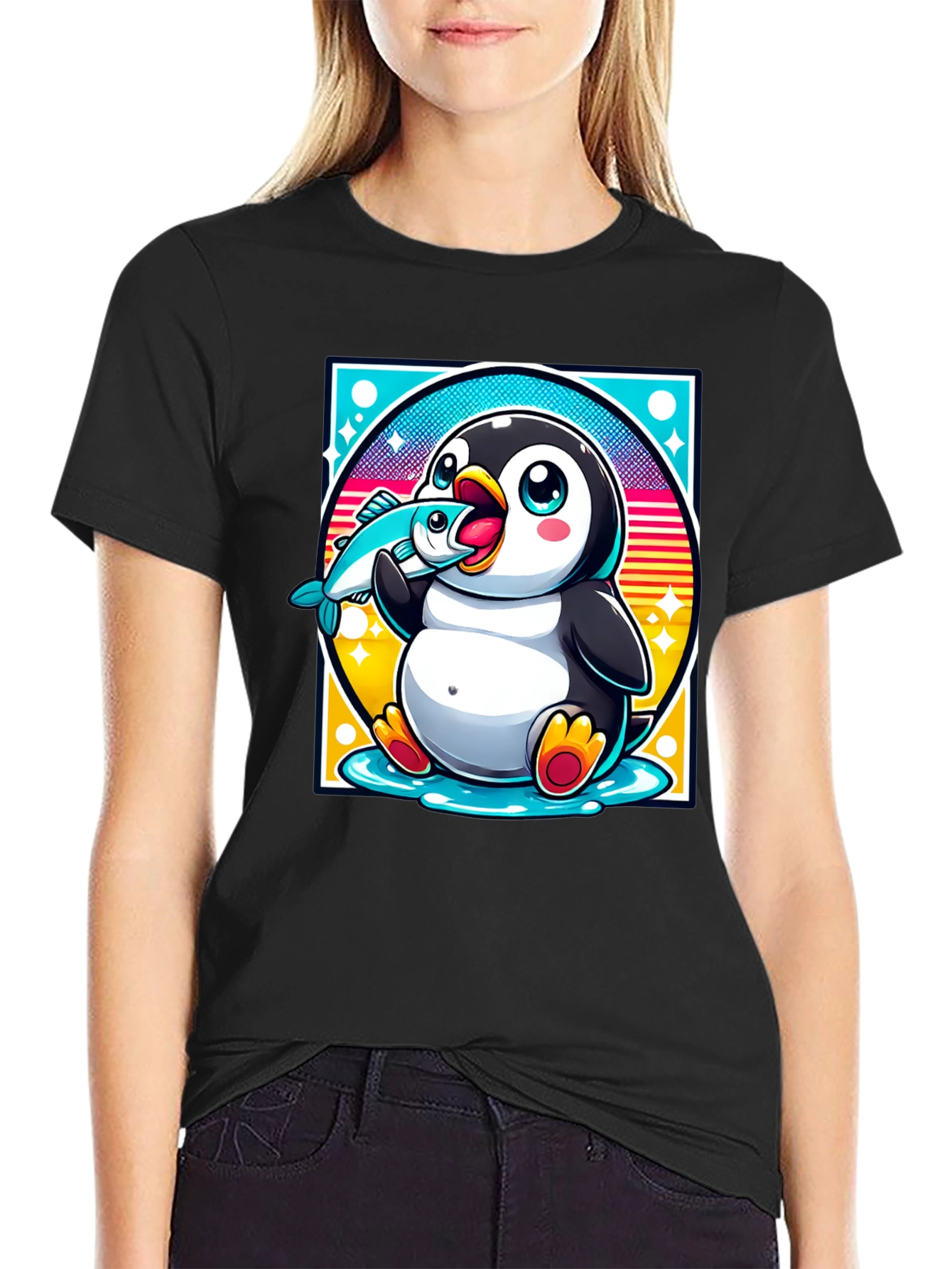 Penguin Eating Fish Graphic T-Shirt