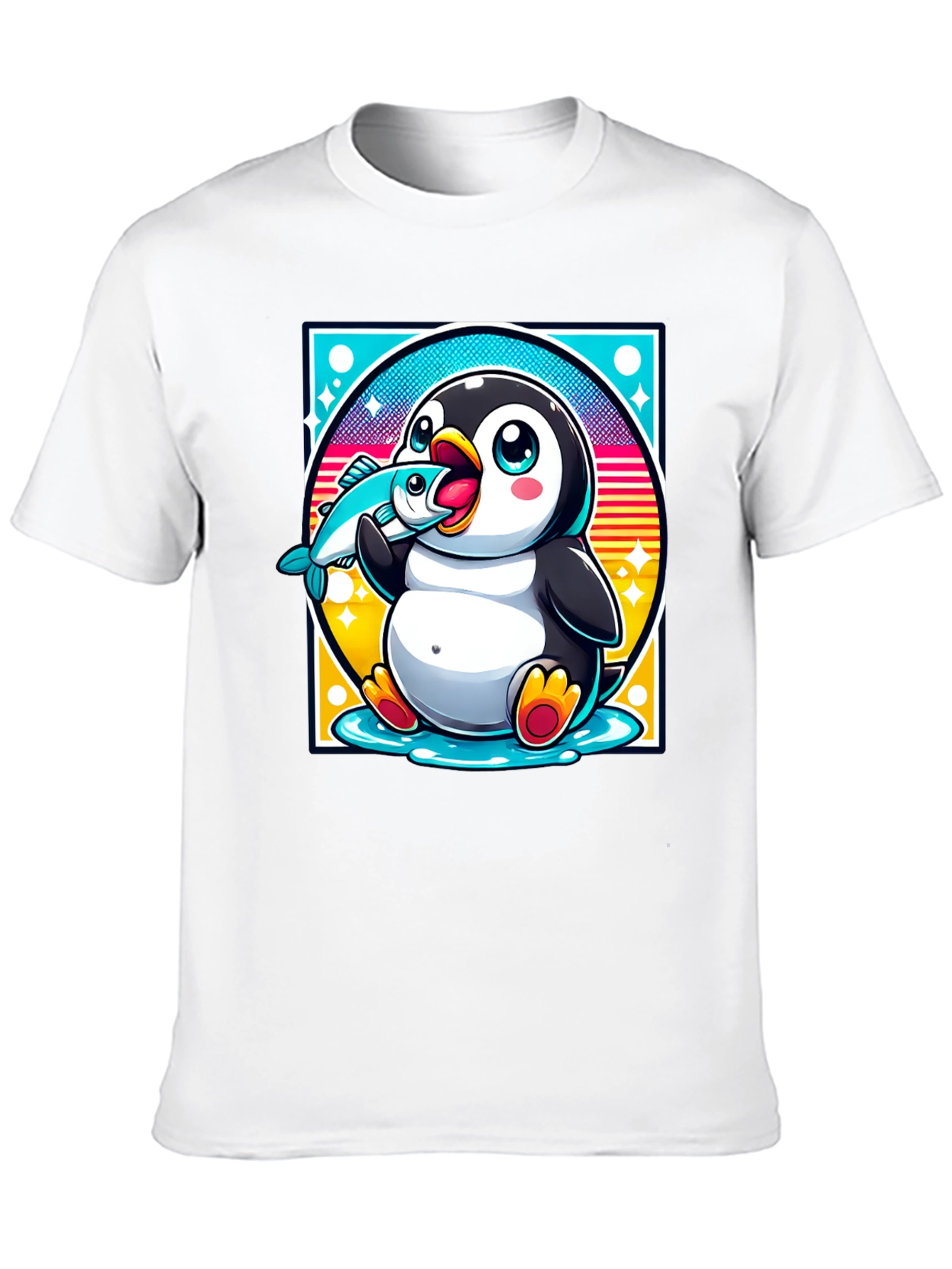 Penguin Eating Fish Graphic T-Shirt