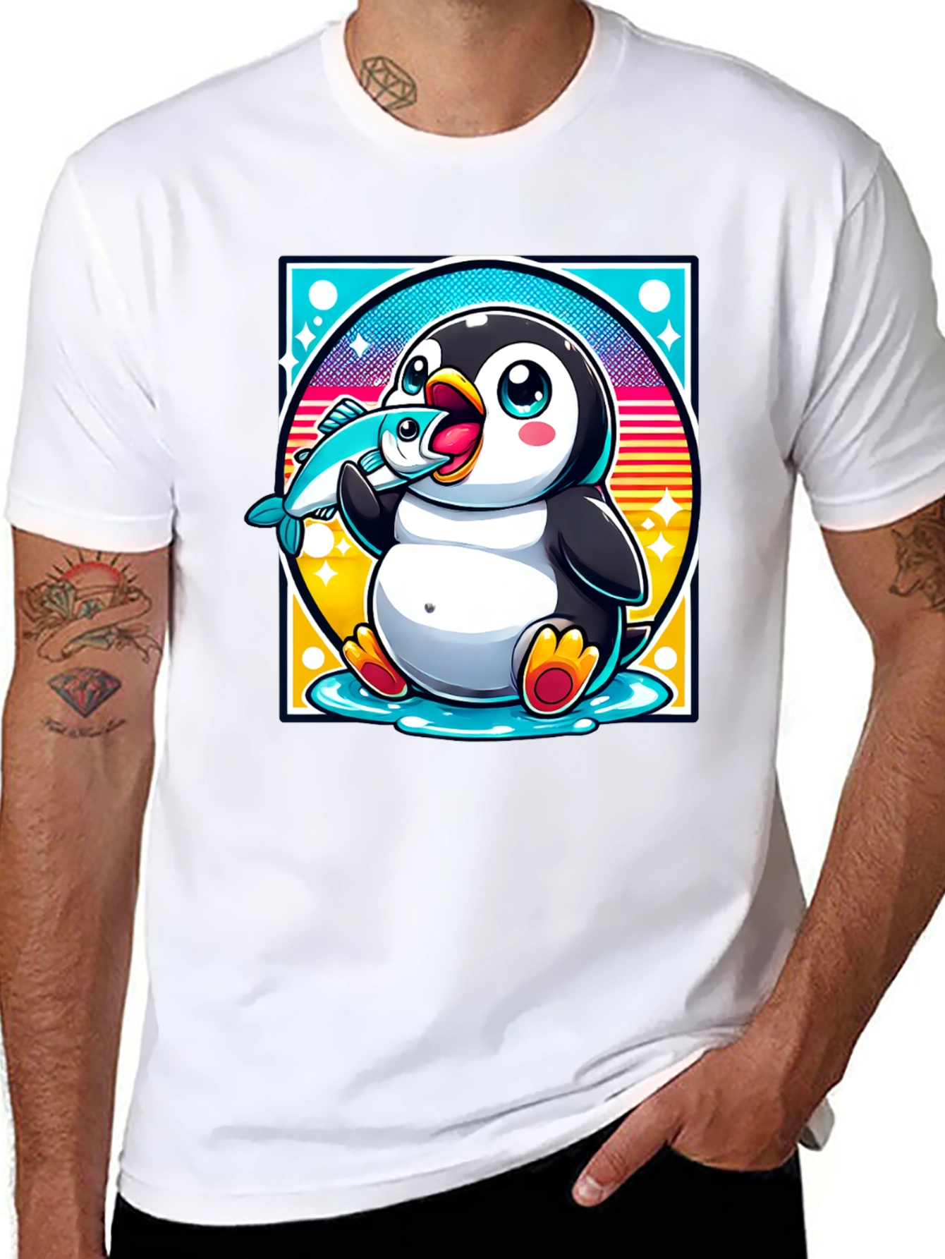Penguin Eating Fish Graphic T-Shirt