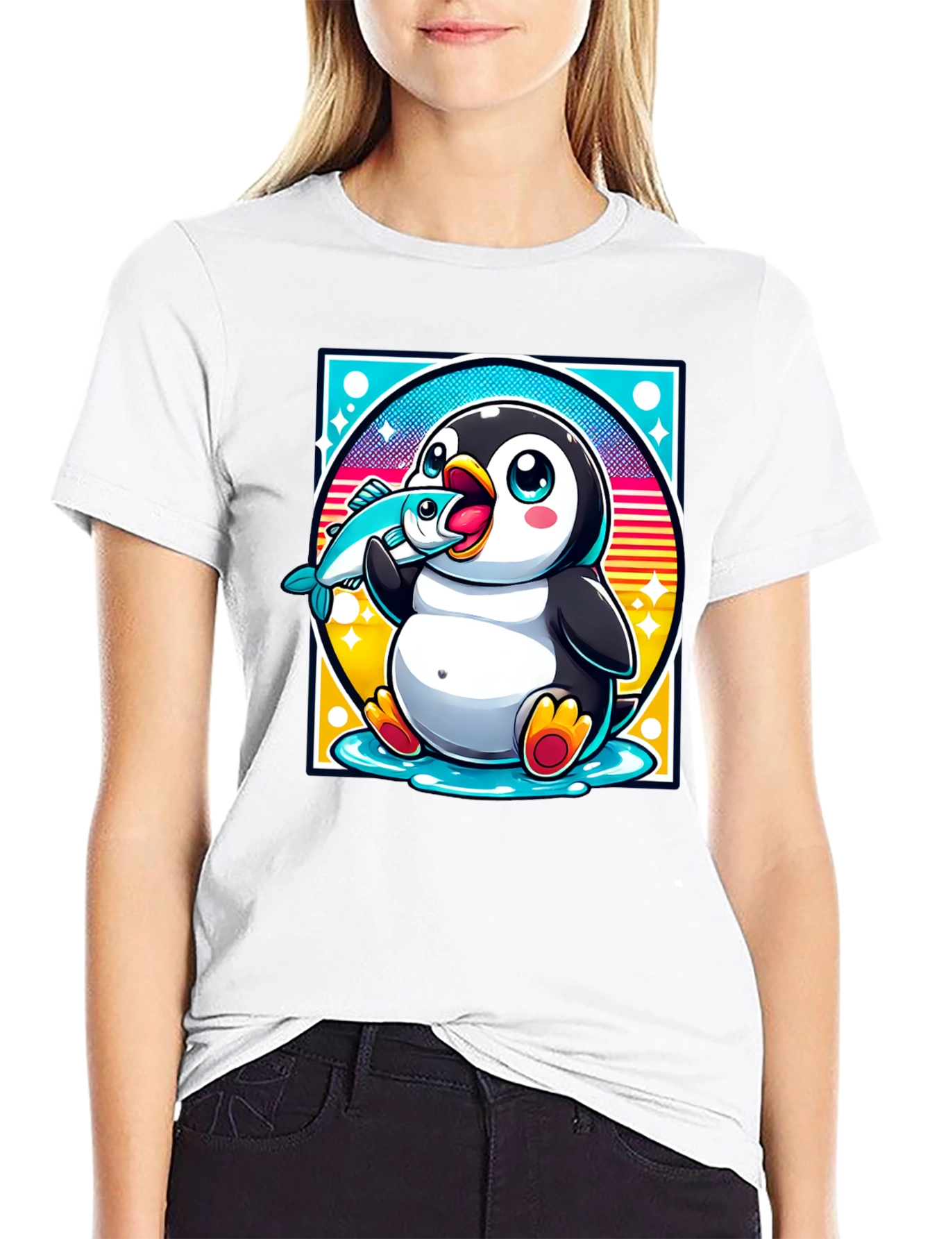 Penguin Eating Fish Graphic T-Shirt