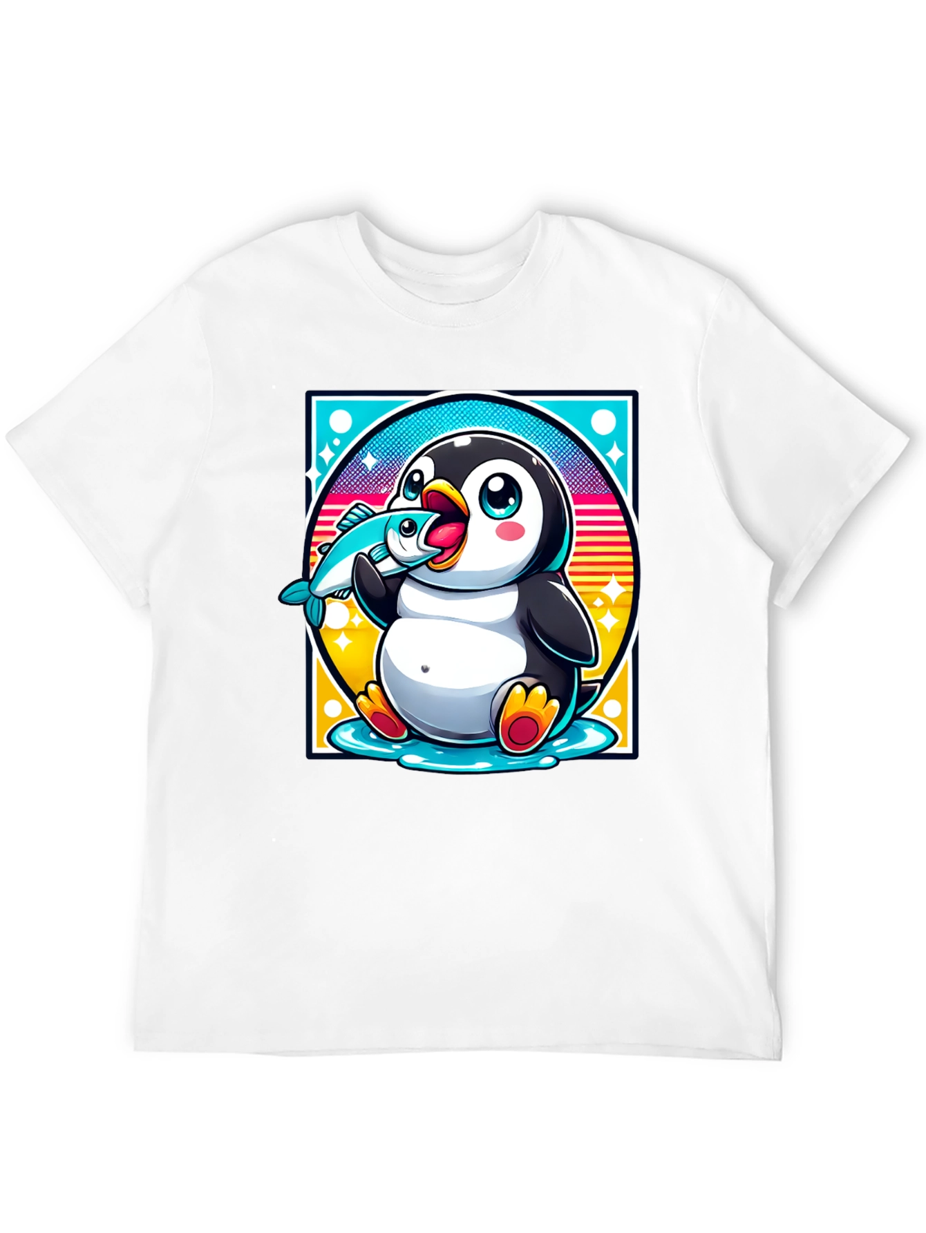 Penguin Eating Fish Graphic T-Shirt