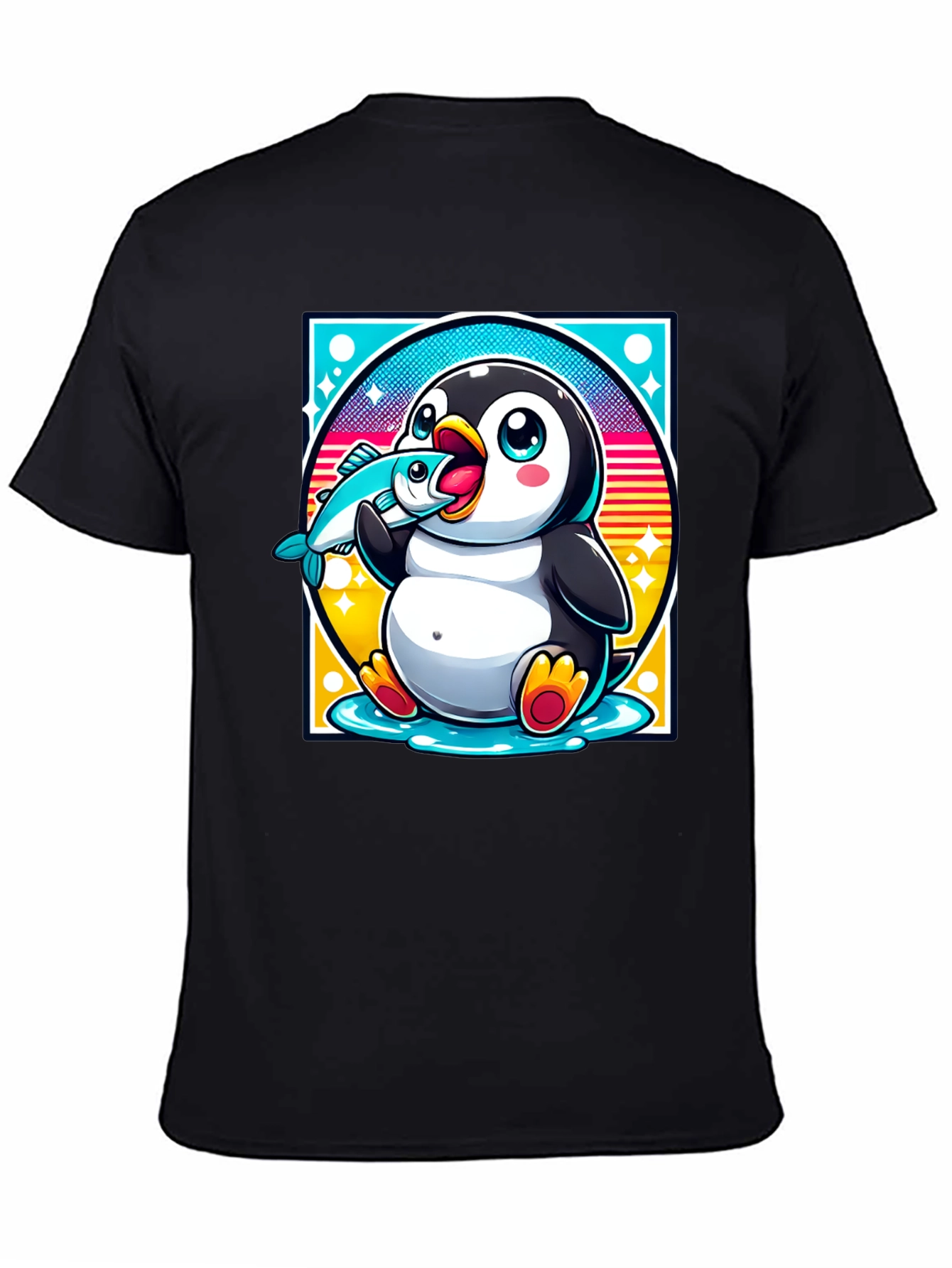 Penguin Eating Fish Graphic T-Shirt