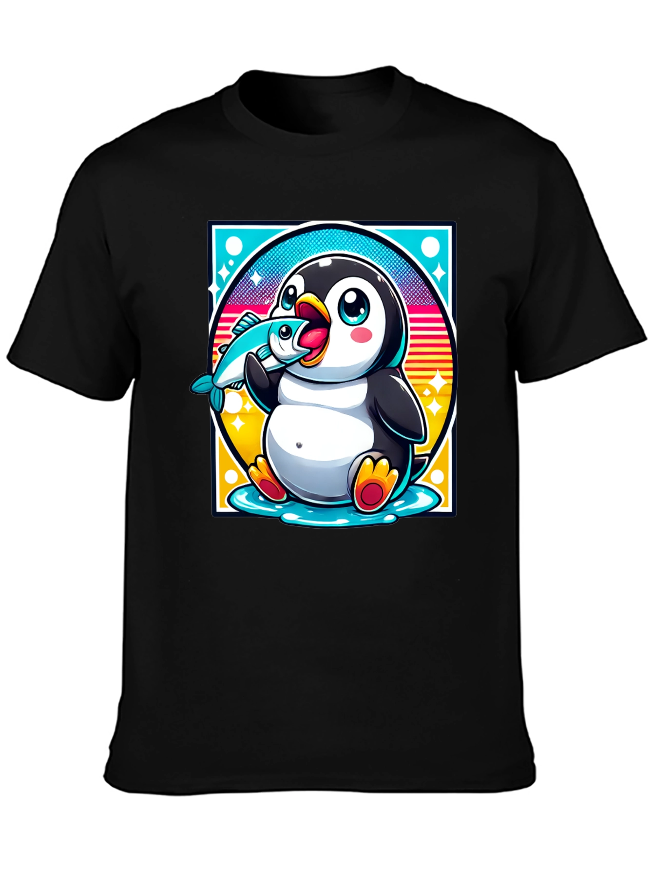 Penguin Eating Fish Graphic T-Shirt