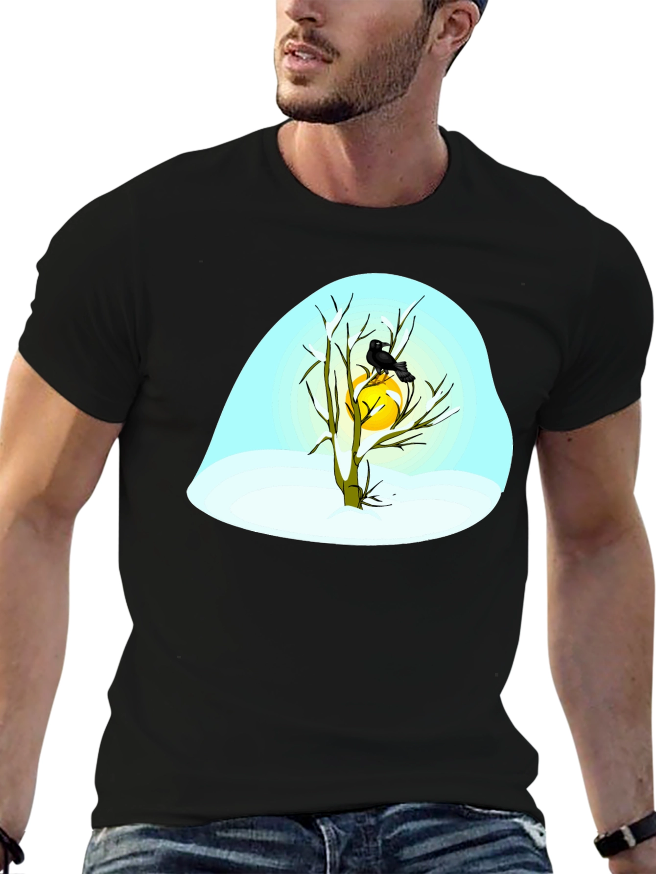 Winter Raven Graphic Tee - Black Cotton Blend