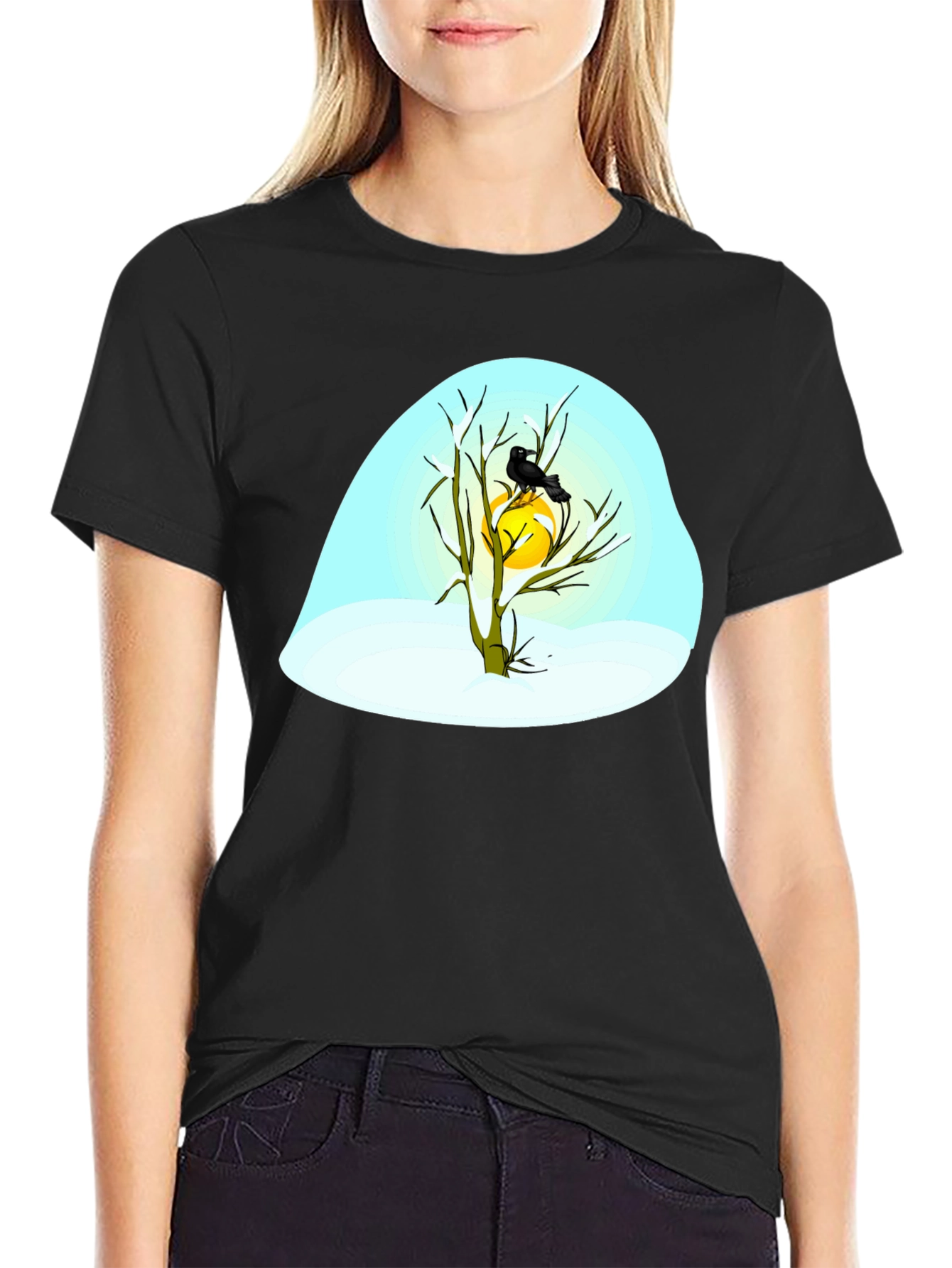 Winter Raven Graphic Tee - Black Cotton Blend