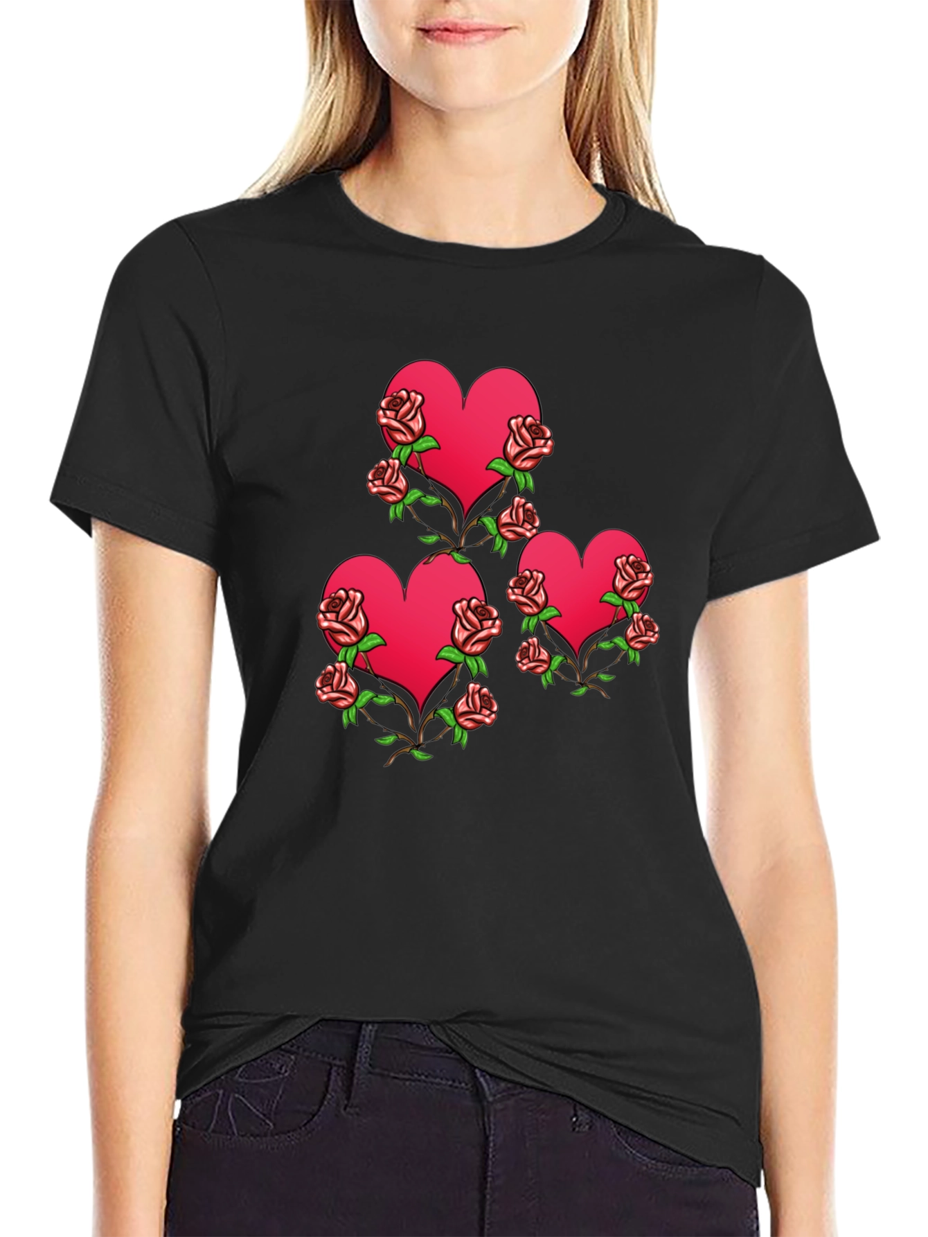 Heart & Roses Graphic Black T-Shirt