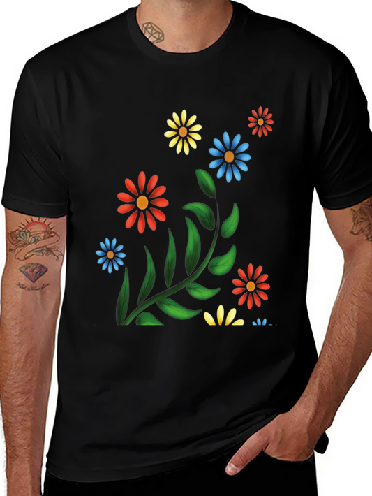 Floral Graphic Tee - Black Cotton T-Shirt with Flower Design