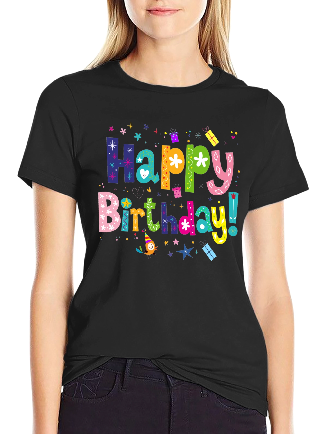 Happy Birthday Graphic Tee - Black Cotton