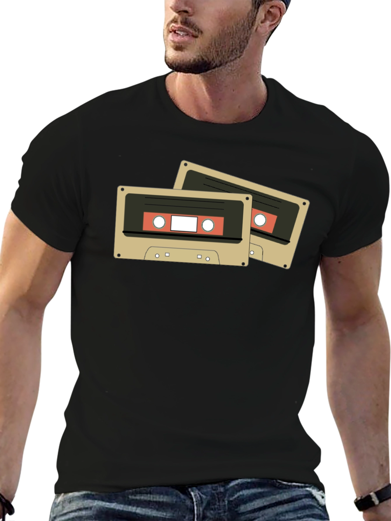 Retro Cassette Tape Graphic Tee - Black Cotton Blend