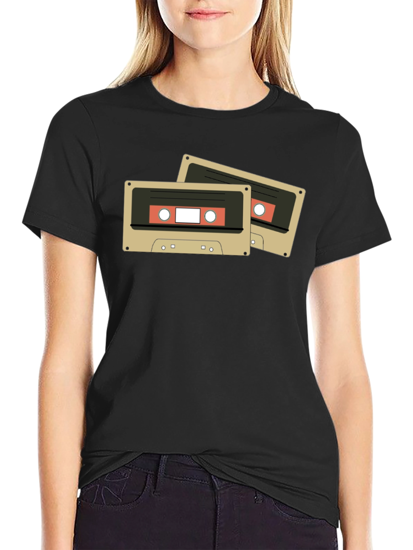 Retro Cassette Tape Graphic Tee - Black Cotton Blend