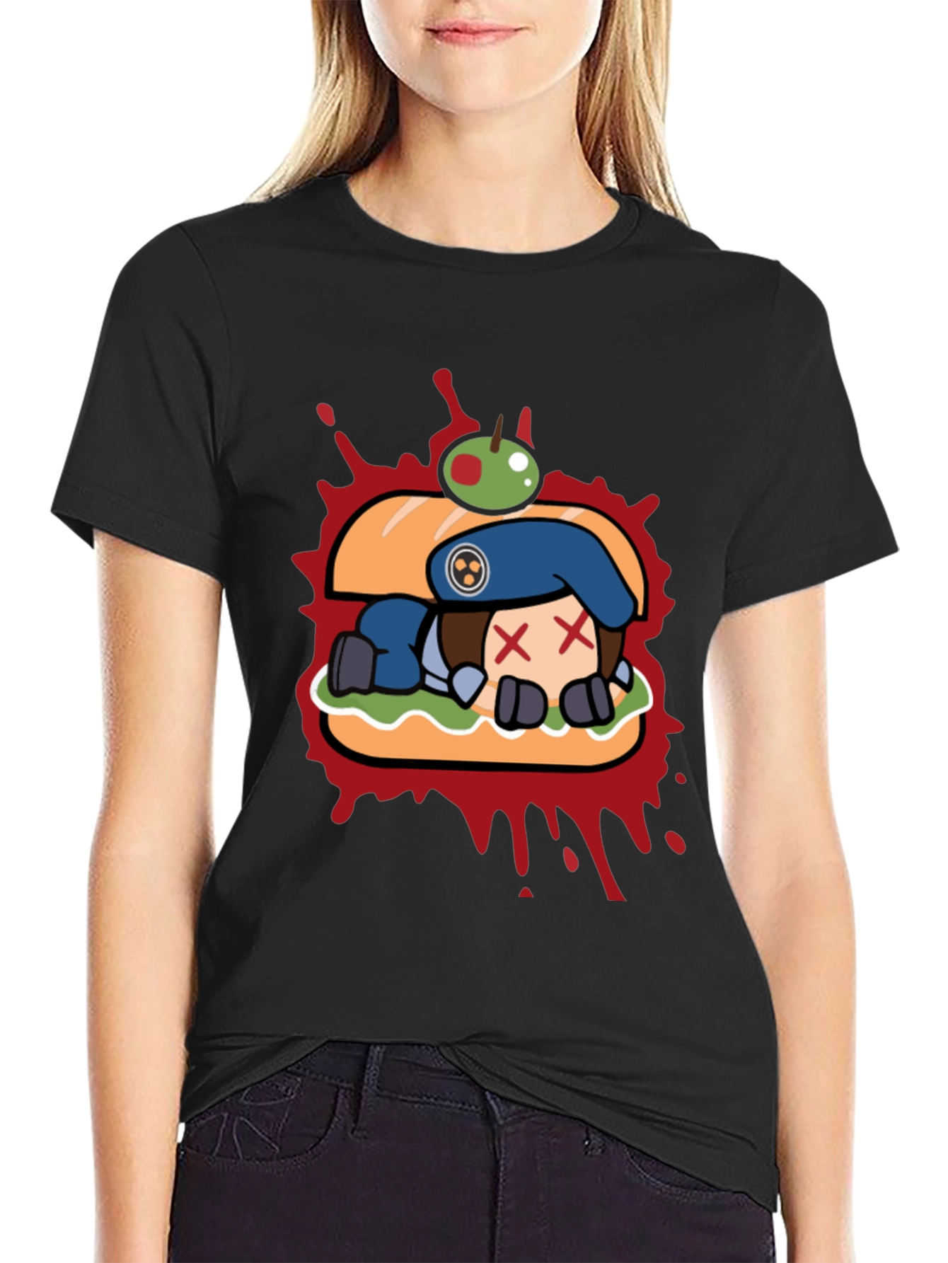 Sandwich Cartoon Graphic Black T-Shirt