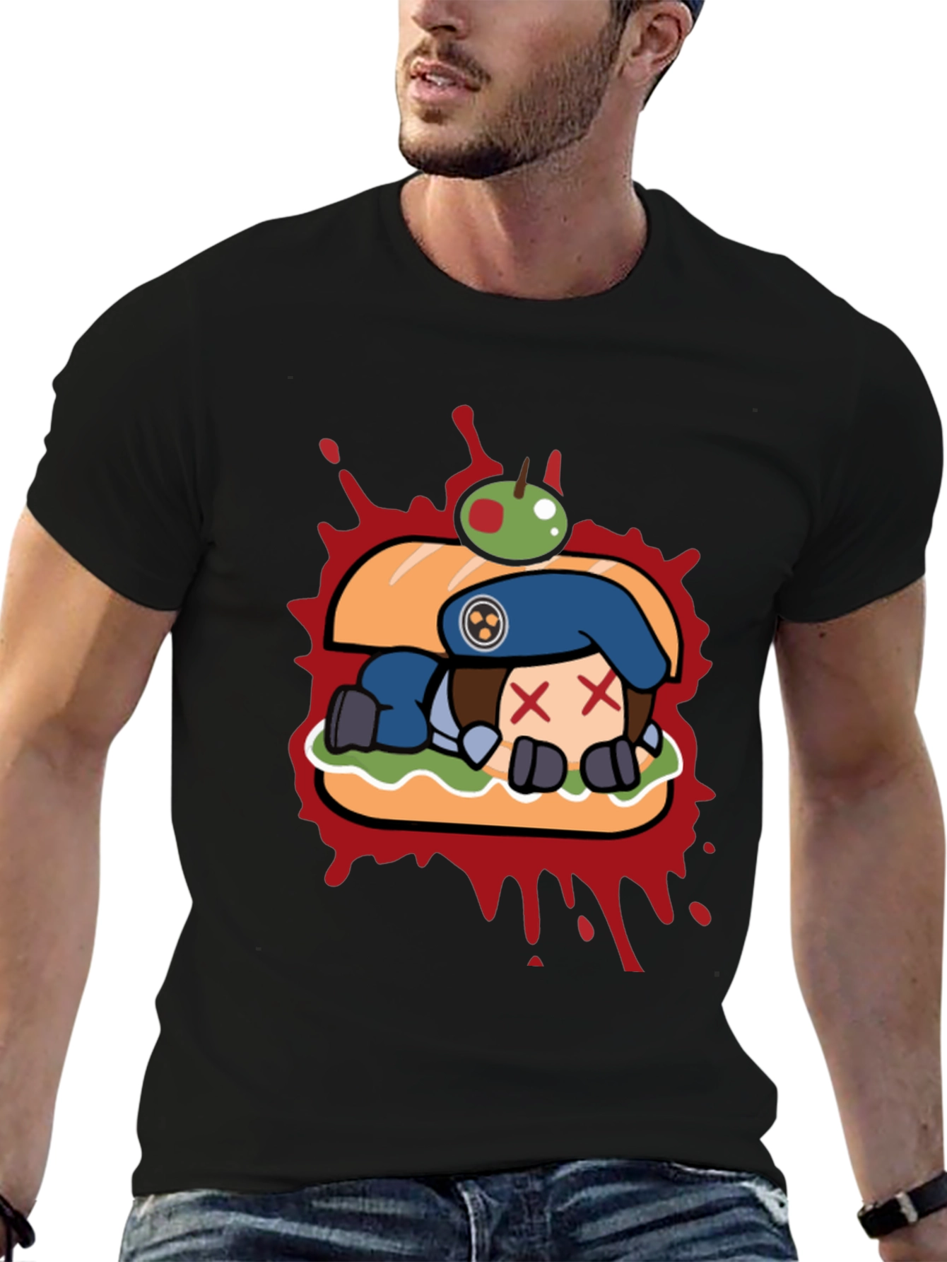 Sandwich Cartoon Graphic Black T-Shirt