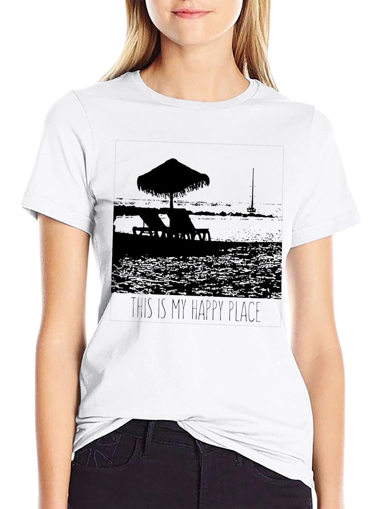 Happy Place Black T-Shirt Beach Scene Graphic Tee