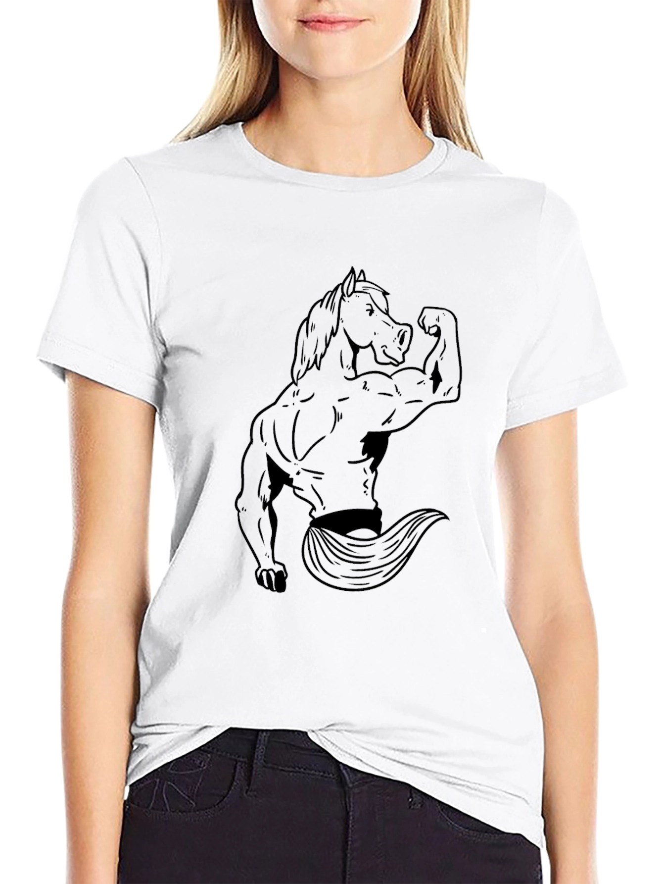 Black Graphic Tee: Muscular Horse Design