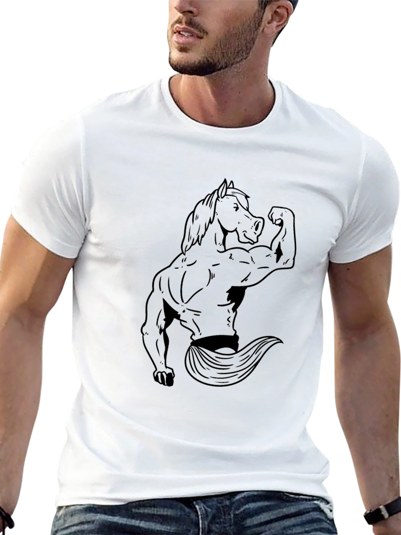 Black Graphic Tee: Muscular Horse Design
