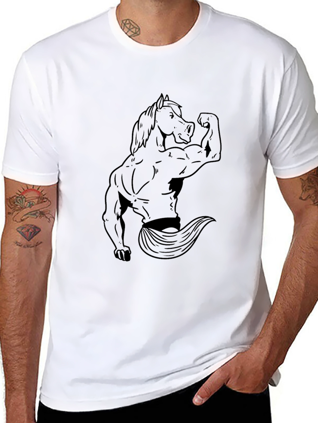 Black Graphic Tee: Muscular Horse Design