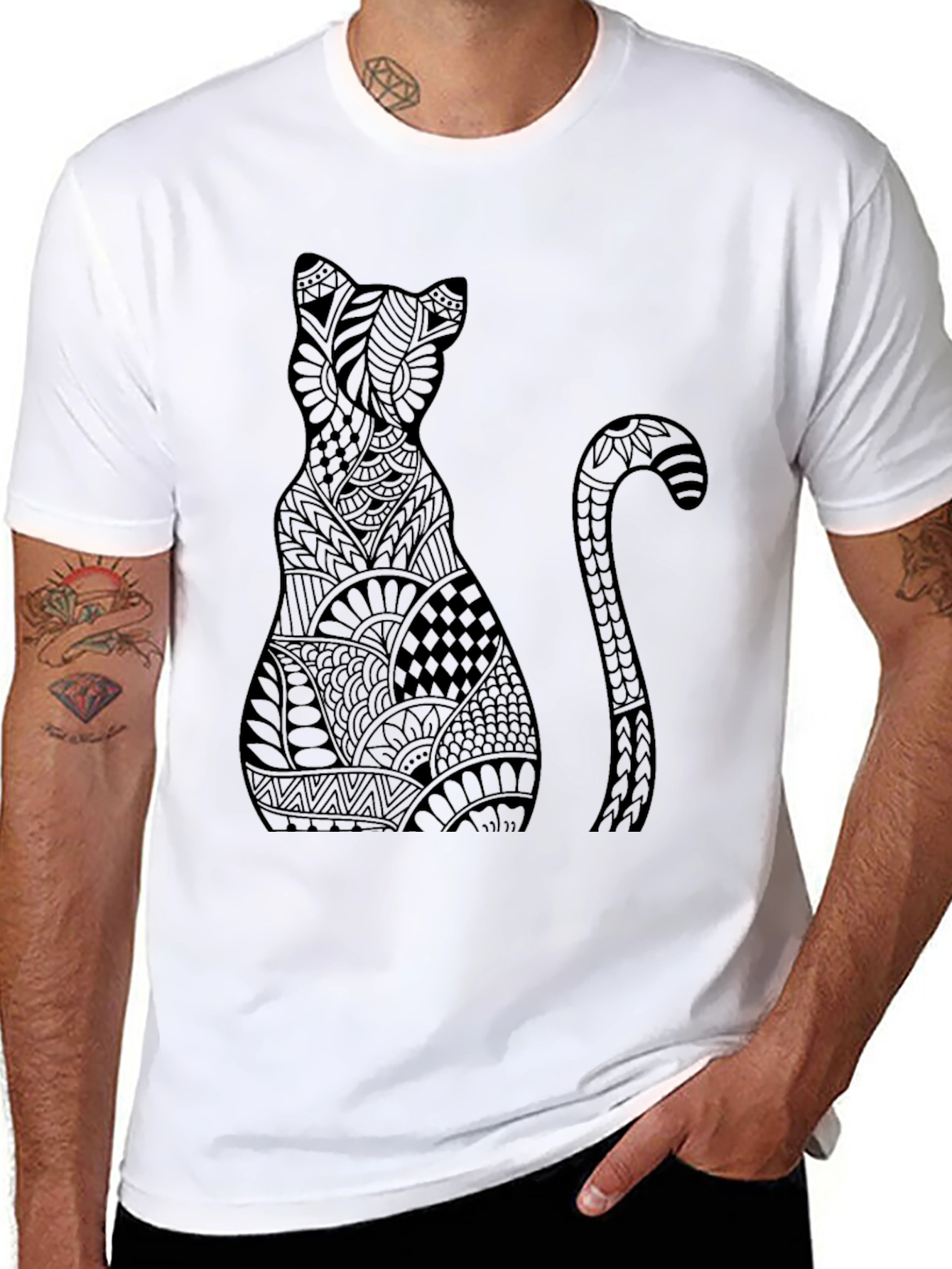 Abstract Cat Graphic Tee - Stylish Black T-Shirt
