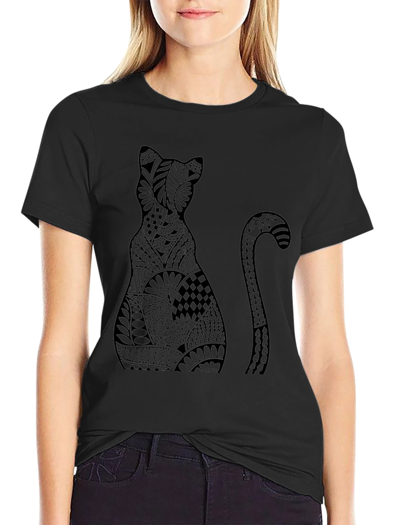 Abstract Cat Graphic Tee - Stylish Black T-Shirt