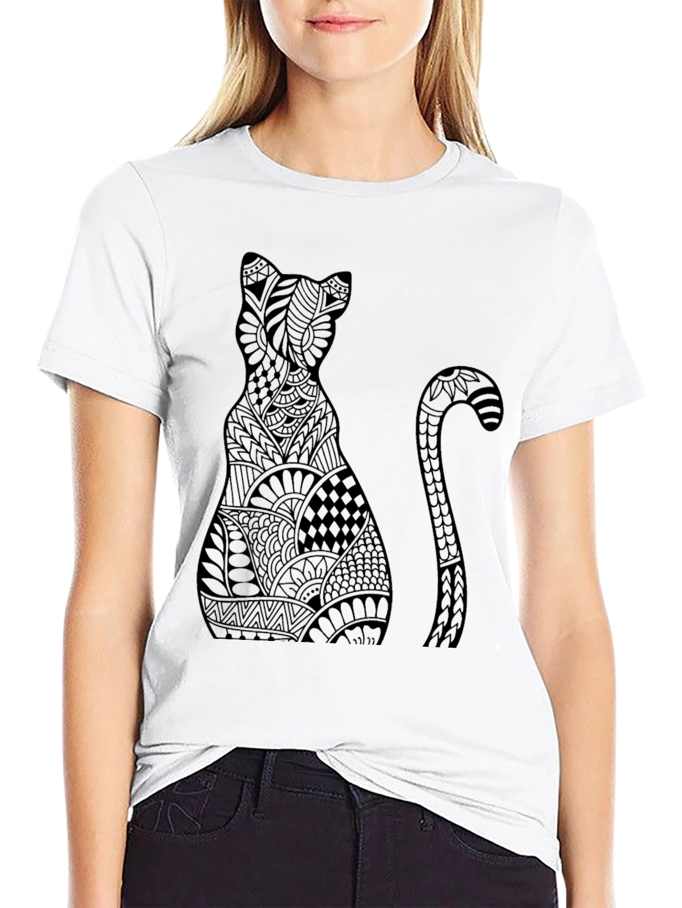 Abstract Cat Graphic Tee - Stylish Black T-Shirt