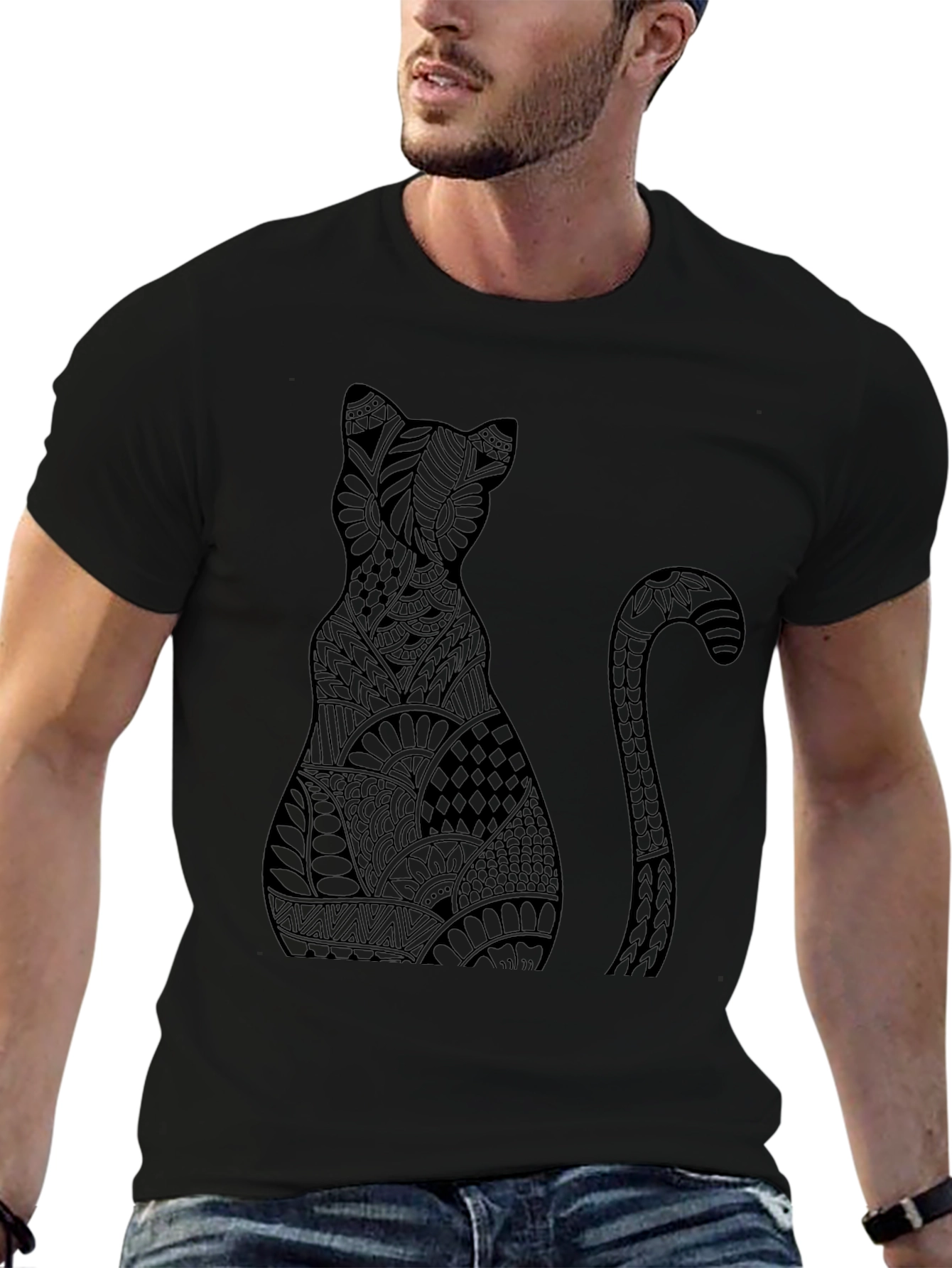 Abstract Cat Graphic Tee - Stylish Black T-Shirt