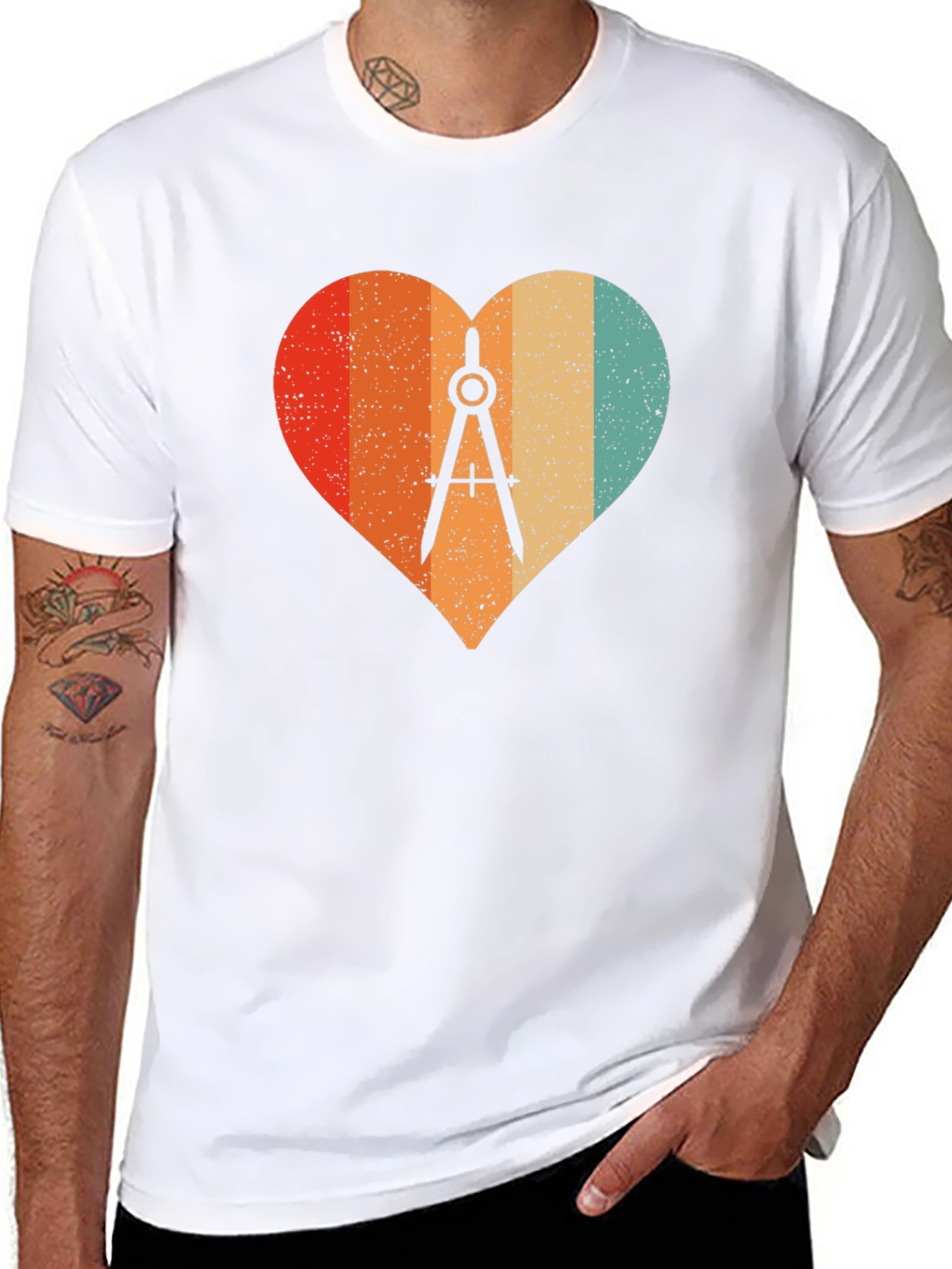 Retro Heart Compass Black T-Shirt - Engineer Math Architect