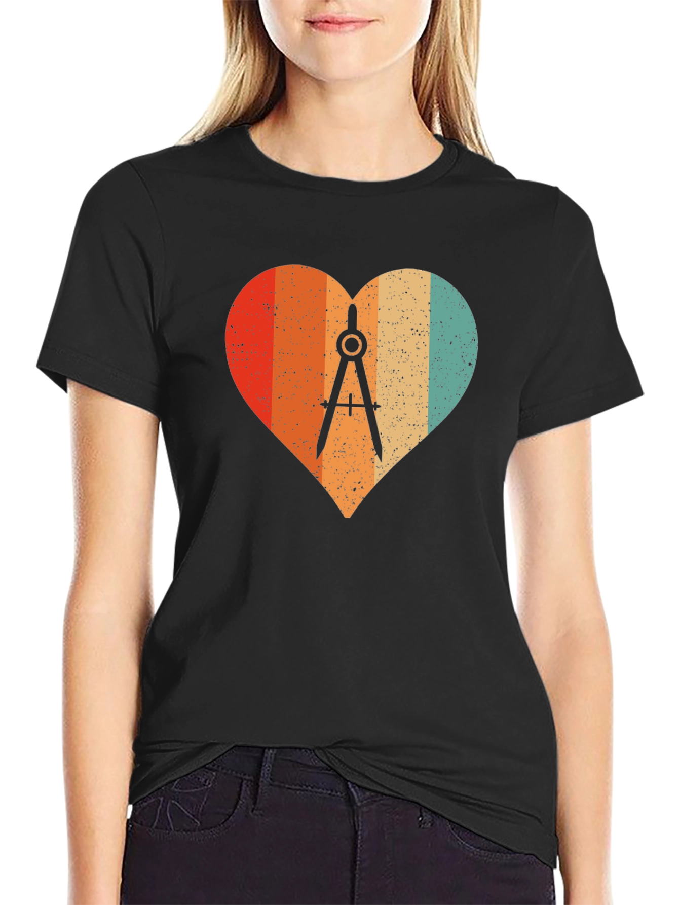 Retro Heart Compass Black T-Shirt - Engineer Math Architect