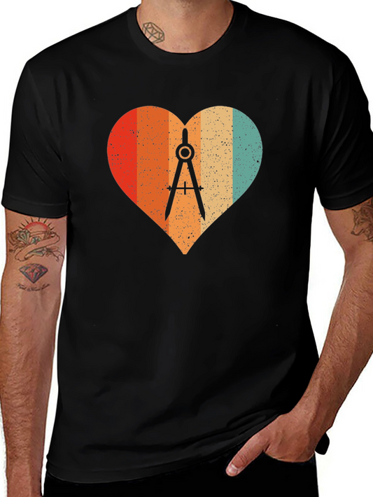 Retro Heart Compass Black T-Shirt - Engineer Math Architect