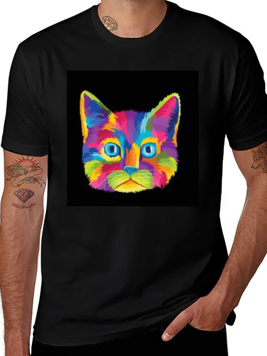 Colorful Cat Graphic T-Shirt - Trendy Artistic Tee