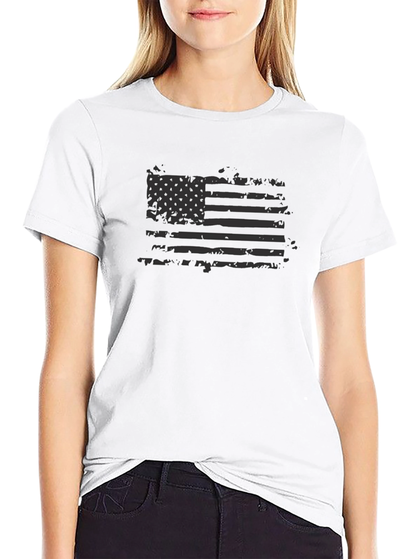 Distressed American Flag Graphic Tee - Black