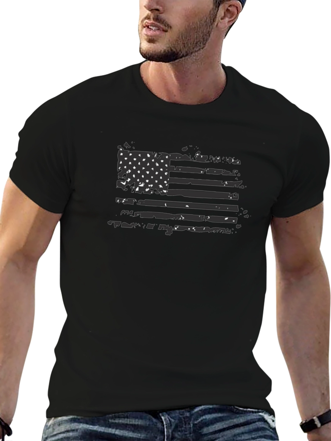 Distressed American Flag Graphic Tee - Black