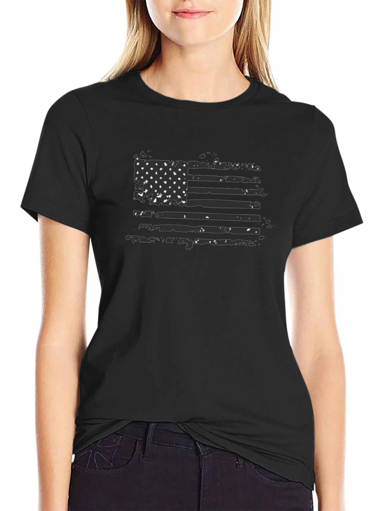 Distressed American Flag Graphic Tee - Black