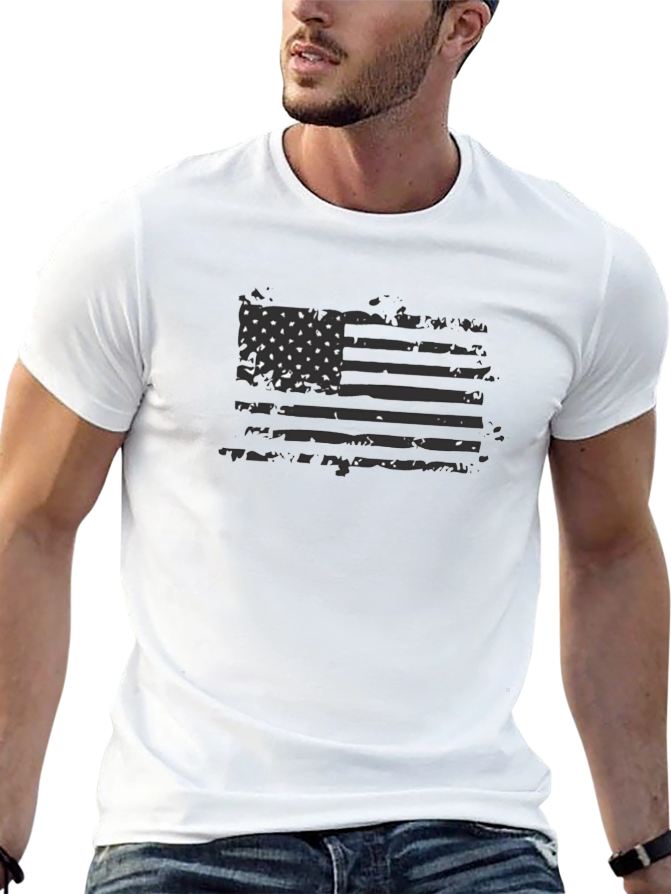 Distressed American Flag Graphic Tee - Black