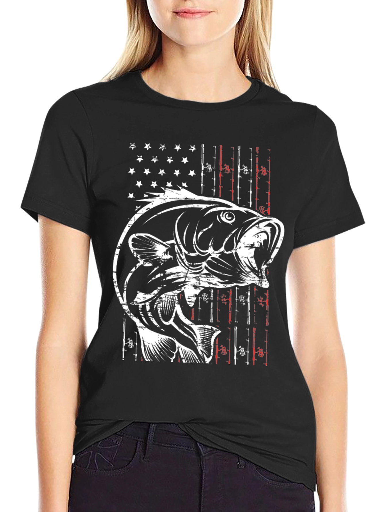 Fishing T-Shirt - American Flag Bass Graphic Tee