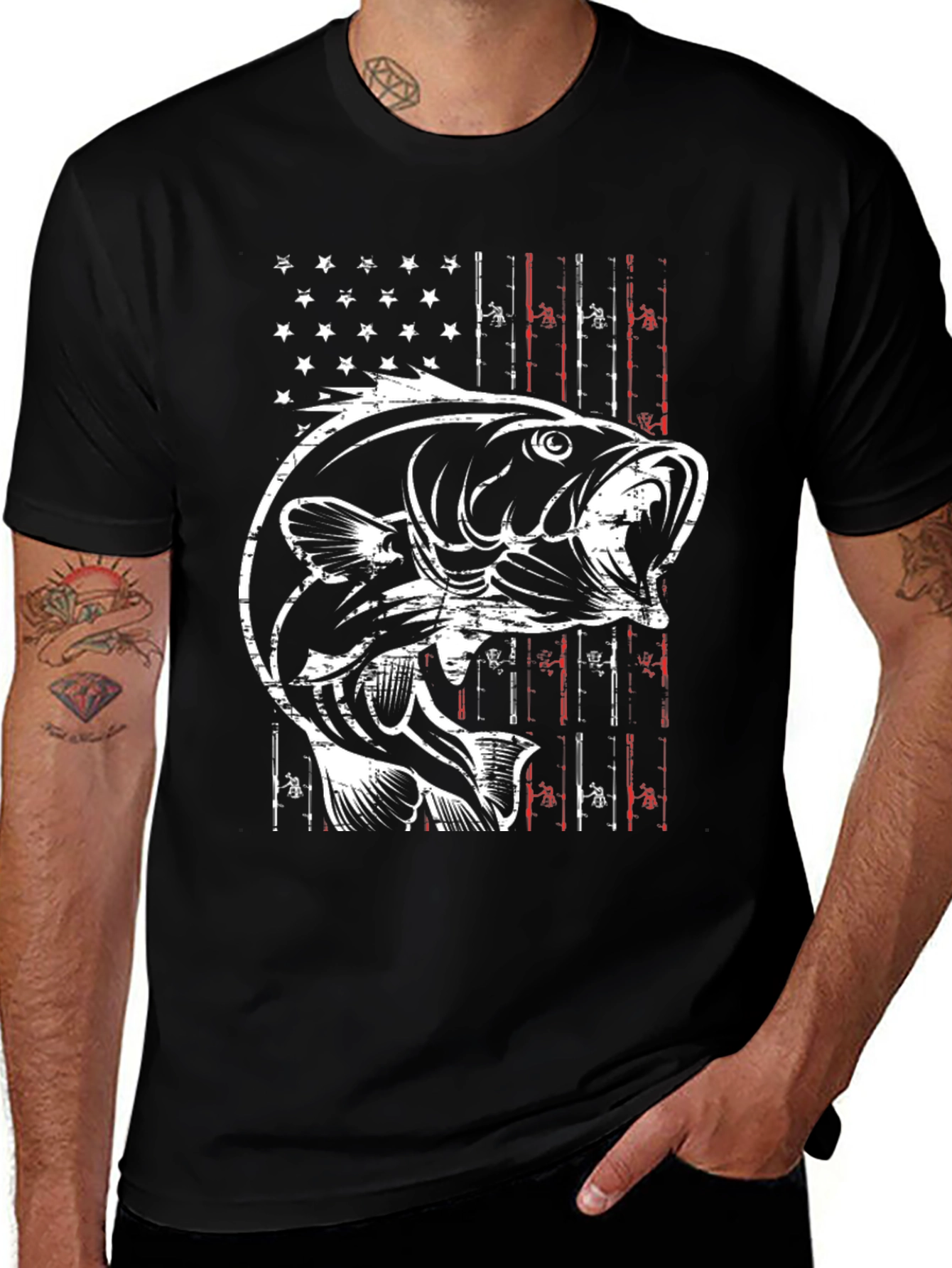 Fishing T-Shirt - American Flag Bass Graphic Tee
