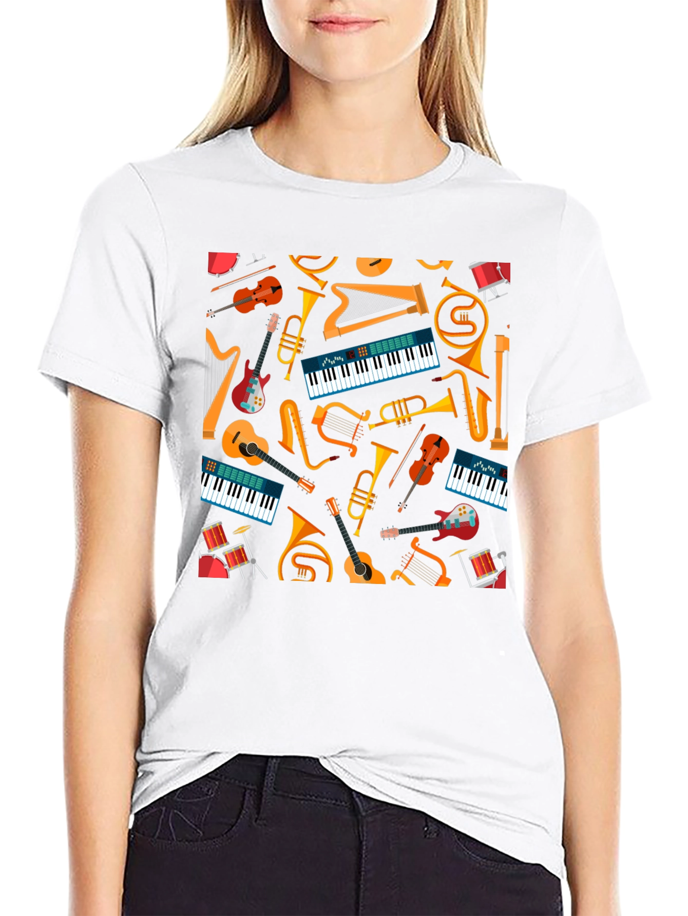 Musical Instrument Pattern Tee - Black Graphic T-Shirt